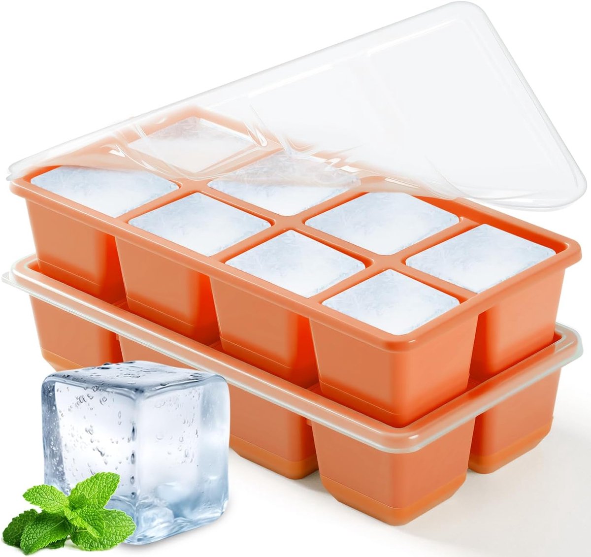 SnelShoppen - 2 Stuks Grote Ijsblokjesvormen met Deksels - Oranje - Perfect voor Feestjes, Barbecues, en Thuisgebruik - Silicone Ijsblokjesmakers voor