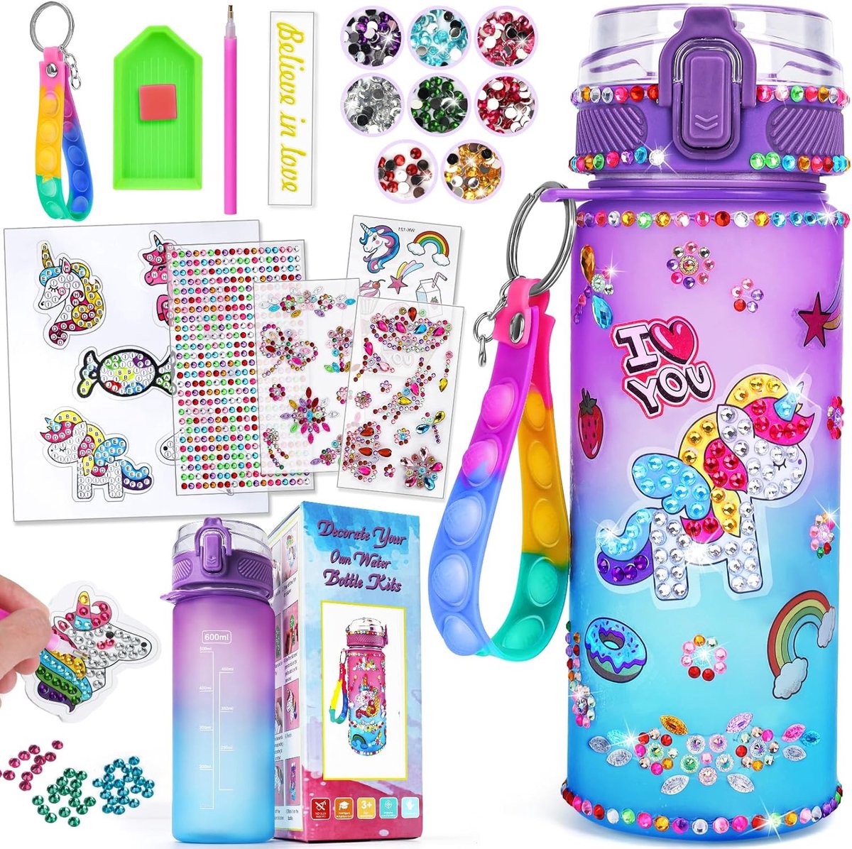 SnelShoppen - DIY Waterfles Meisjes 4-12 Jaar - Creatieve Knutselset met Eenhoorn en Zeemeermin Thema - Persoonlijke Drinkfles voor Kinderen - Glitter