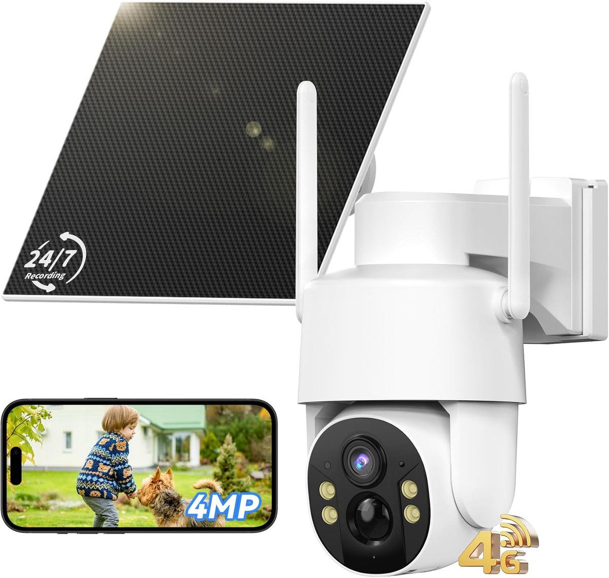 SnelShoppen - 24/7 AOV 4G Bewakingscamera Buiten met SIM Kaart, 2,5K QHD, 9000mAh Accu, 5W Zonnepaneel, KI-Personenherkenning, 360° PTZ, Kleurennachtz