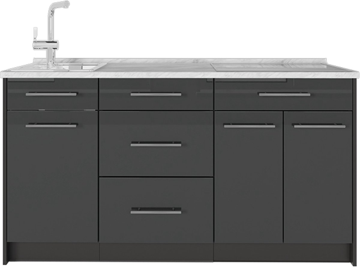 Vicco Keukenblok Fame-Line, Antraciet Hoogglans/Antraciet, 150 cm, WB Marmer