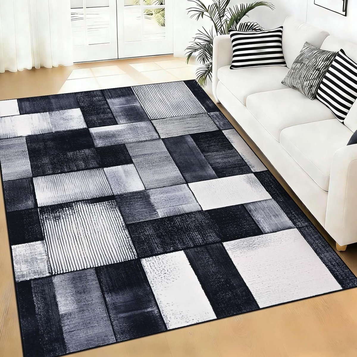 SnelShoppen - Moderne Geometrische Vloerkleed 140x200 cm Zwart Grijs Korte Pool Antislip Wasbaar Geschikt voor Woonkamer en Slaapkamer
