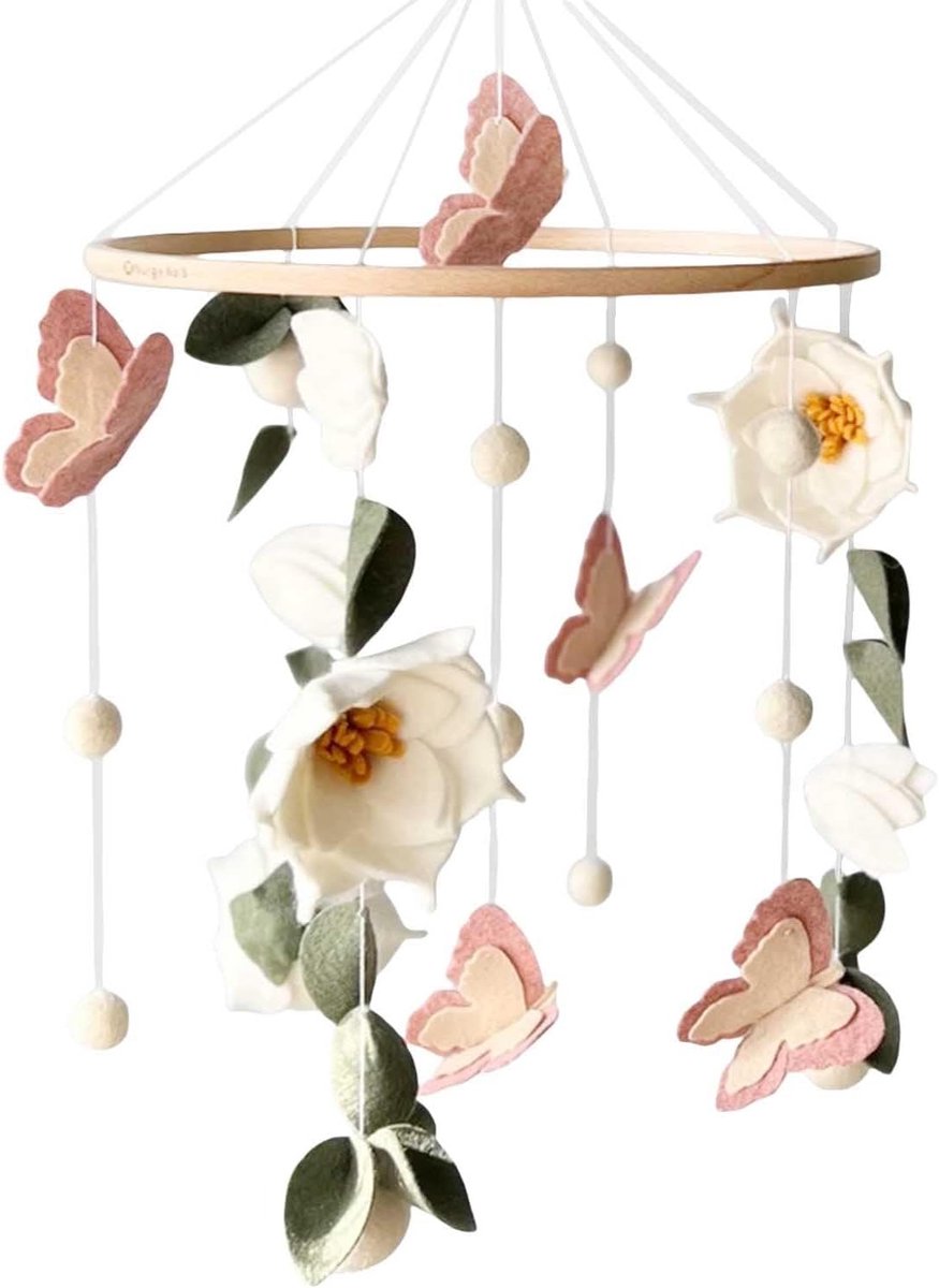 SnelShoppen - Baby Mobile Bloemen Vlinders - Houten en Vilt Windspel voor Babybed - Mobiele Decoratie voor Kinderkamer - Perfect Cadeau voor Jonge Kin