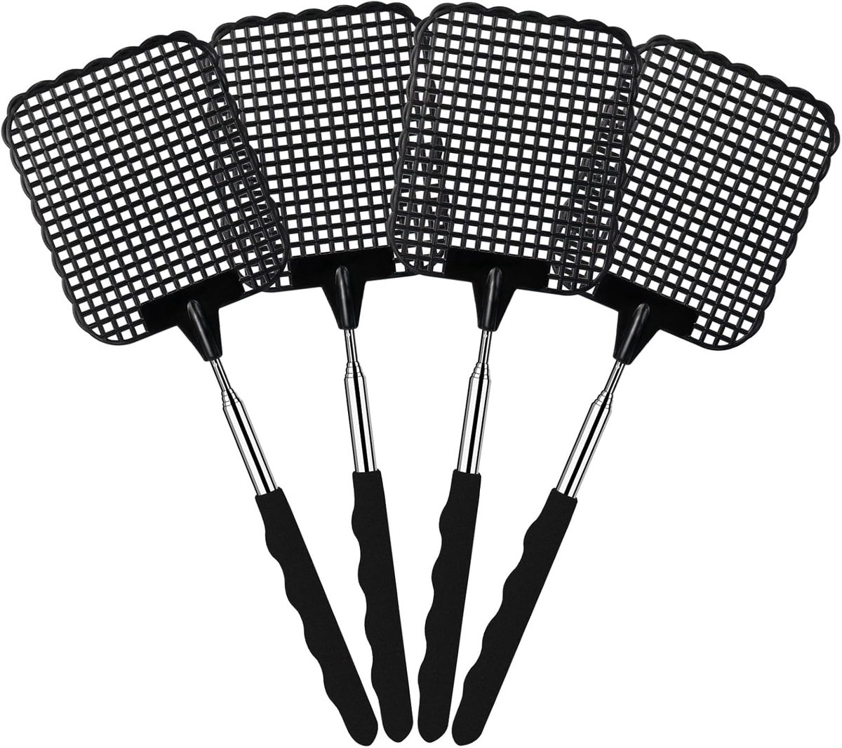 SnelShoppen - Fly Swatter Set van 4 - Verstelbare Vliegenmepper - Zwart - Ideaal voor Insecten, Muggen, Tuin en Keuken - Duurzaam RVS en PP Plastic