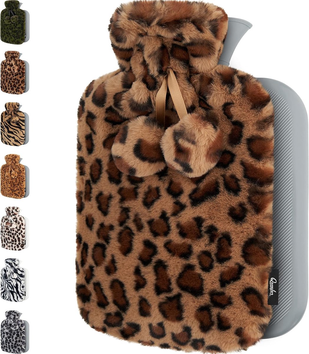 SnelShoppen - Warmwaterkruik met Luxe Pluche Hoes - 1.8 Liter Met Panterprint - Perfect voor Rug-, Nek- en Schouderpijn - Ideaal Cadeau voor Koudere A