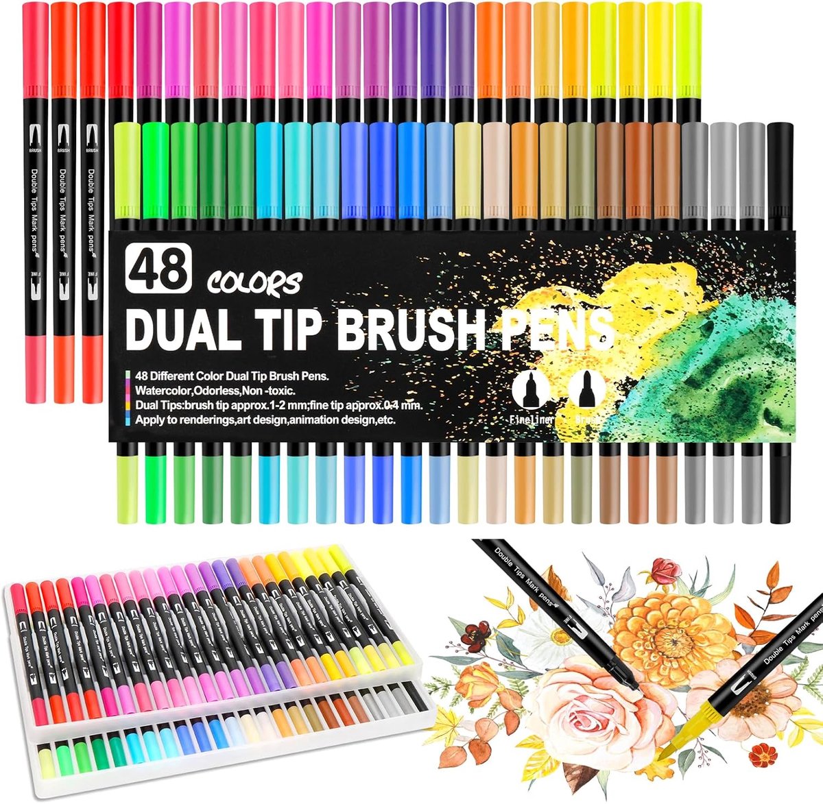 SnelShoppen - 48 Kleurige Dubbele Penseel Set, Acryl Stiften, Viltstiften, Calligraphy Pens voor Kinderen en Volwassenen, Ideaal voor DIY Tekeningen,