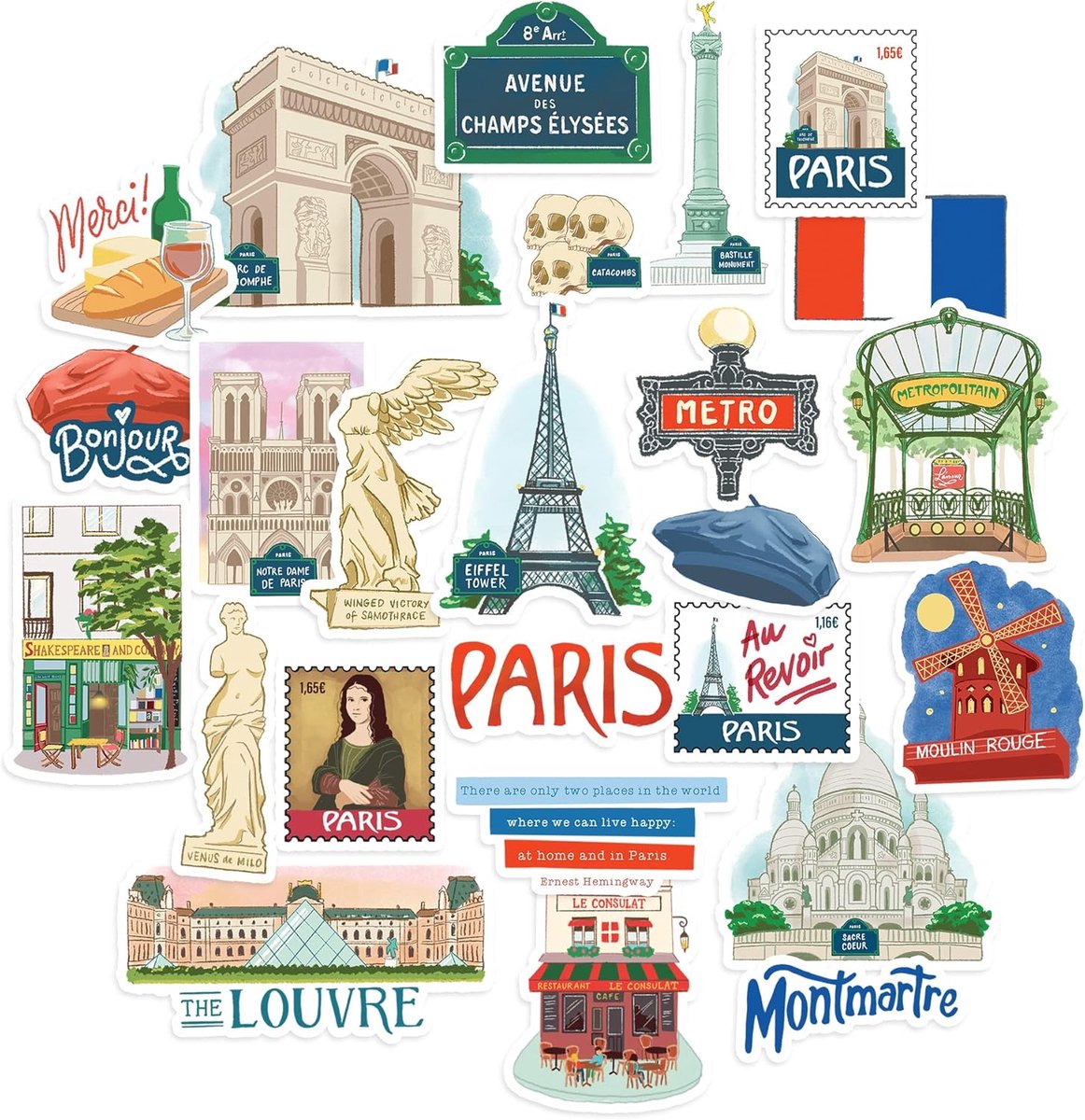 SnelShoppen - Navy Peony Passionate Paris City Travel Stickers (25 stuks) - Scrapbook, Journal, Reizen, Parijs, Iconische Bezienswaardigheden, Kunst e