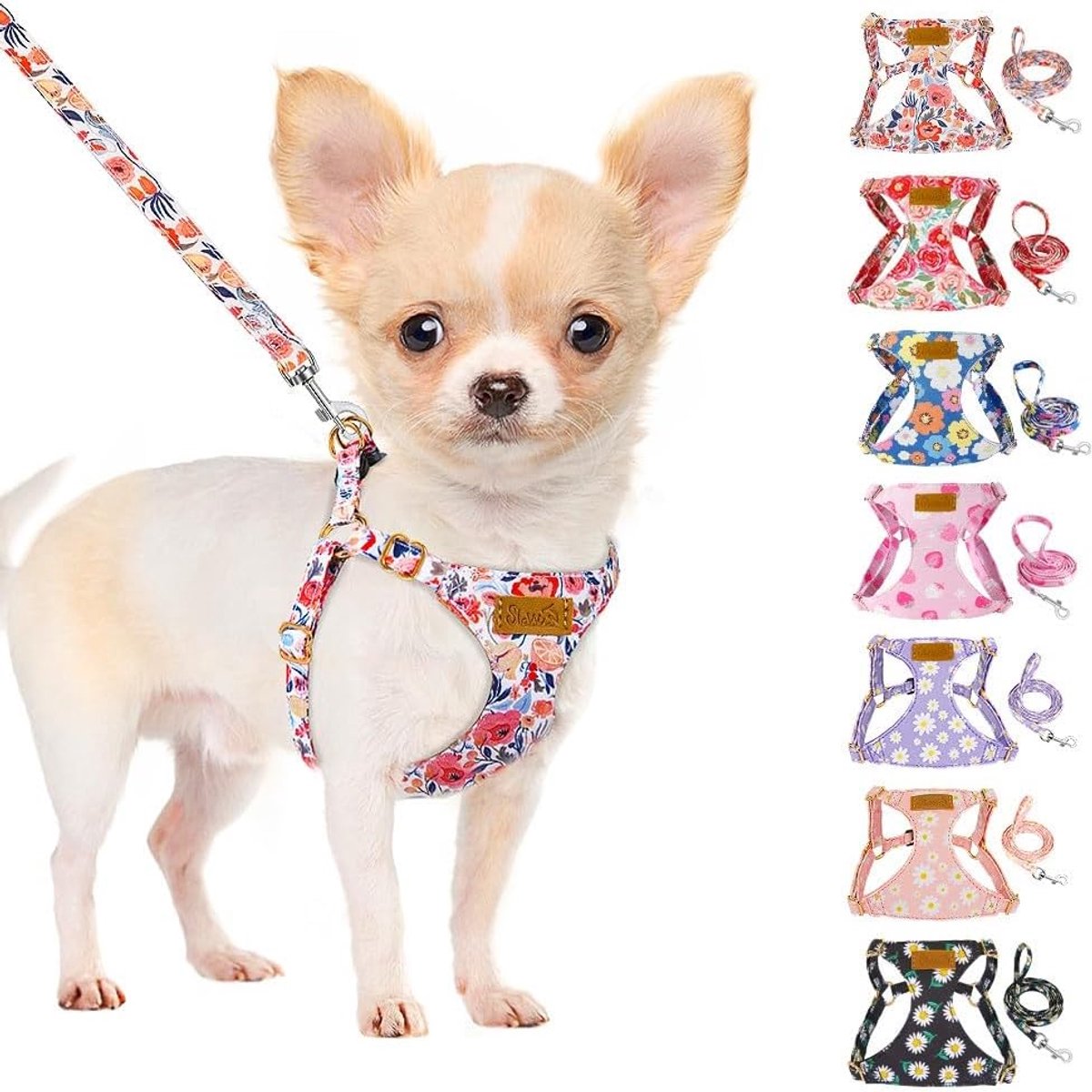 SnelShoppen - Lichtgewicht Hondentuig met Leash, Geen-Trek Puppy Harnas van Zacht Wild Leer met Bloemenpatroon, Verstelbaar voor Kleine en Middelgrote