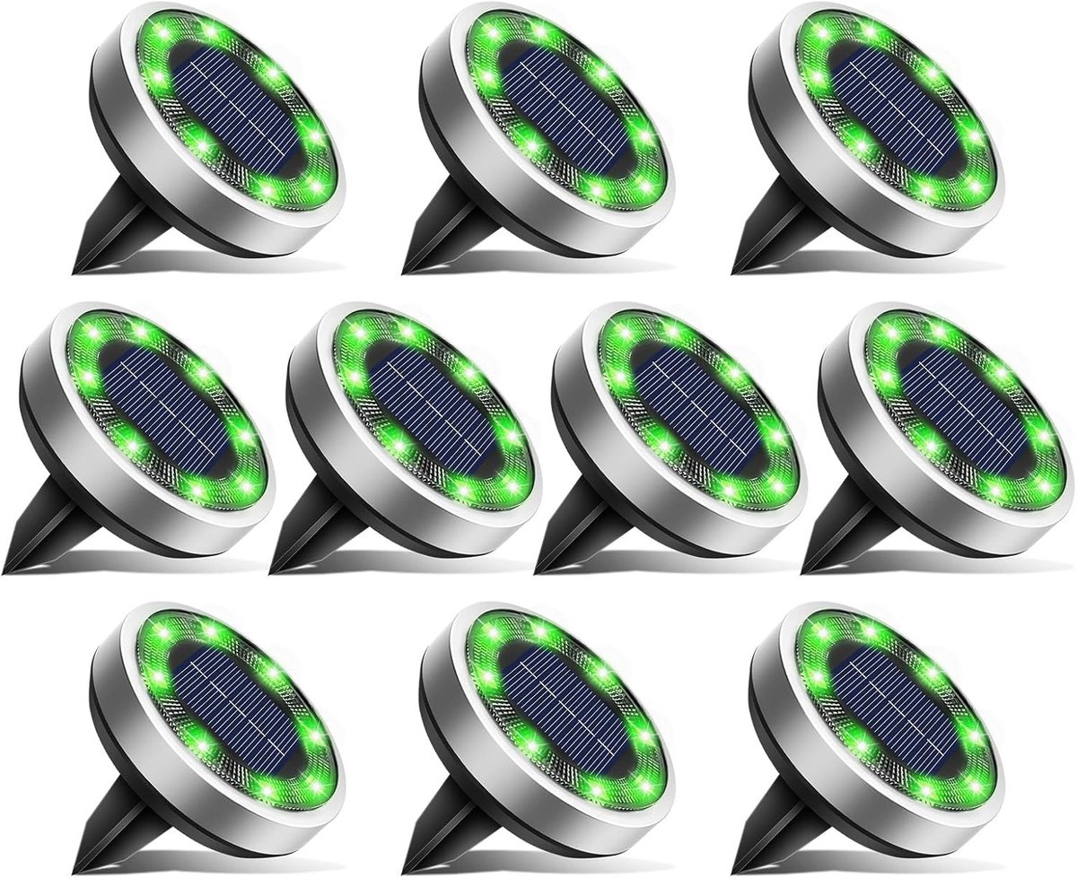 SnelShoppen - 10 Stuks Vloerverlichting op Zonne-energie Voor Buiten - Waterdichte LED Lichten - Tuin, Gazon, Oprit, Looppad, Patio - Groen - Energiez