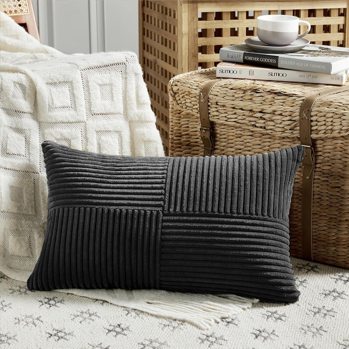 SnelShoppen - Decoratieve Kussenhoes Zwart 30x60 cm - Zachte Corduroy Kussenhoes - Sofa Kussen Dekentje - Boho Stijl voor Woonkamer, Slaapkamer en Bal