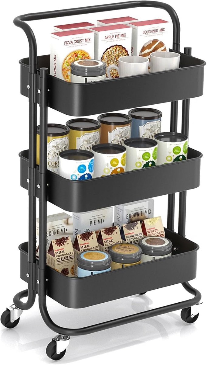 SnelShoppen - Carrello da keukenwagen met wielen, multifunctioneel, houten en metalen constructie, 3 niveaus, wit, ideaal voor keuken, feest, en opsla