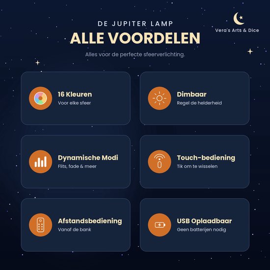 Jupiter Lamp - Vera's Arts & Dice - 16 Verschillende Kleuren - Planeet Lampen - Jupiter Lamp - LED Lamp - Oplaadbaar Dimbaar Stroboscoop Effect Afstandsbediening - 3D Print Handmade - Lampen Sfeerverlichting - Slaapkamer Woonkamer Kinderkamer van Vera's Arts & Dice — afbeelding 3