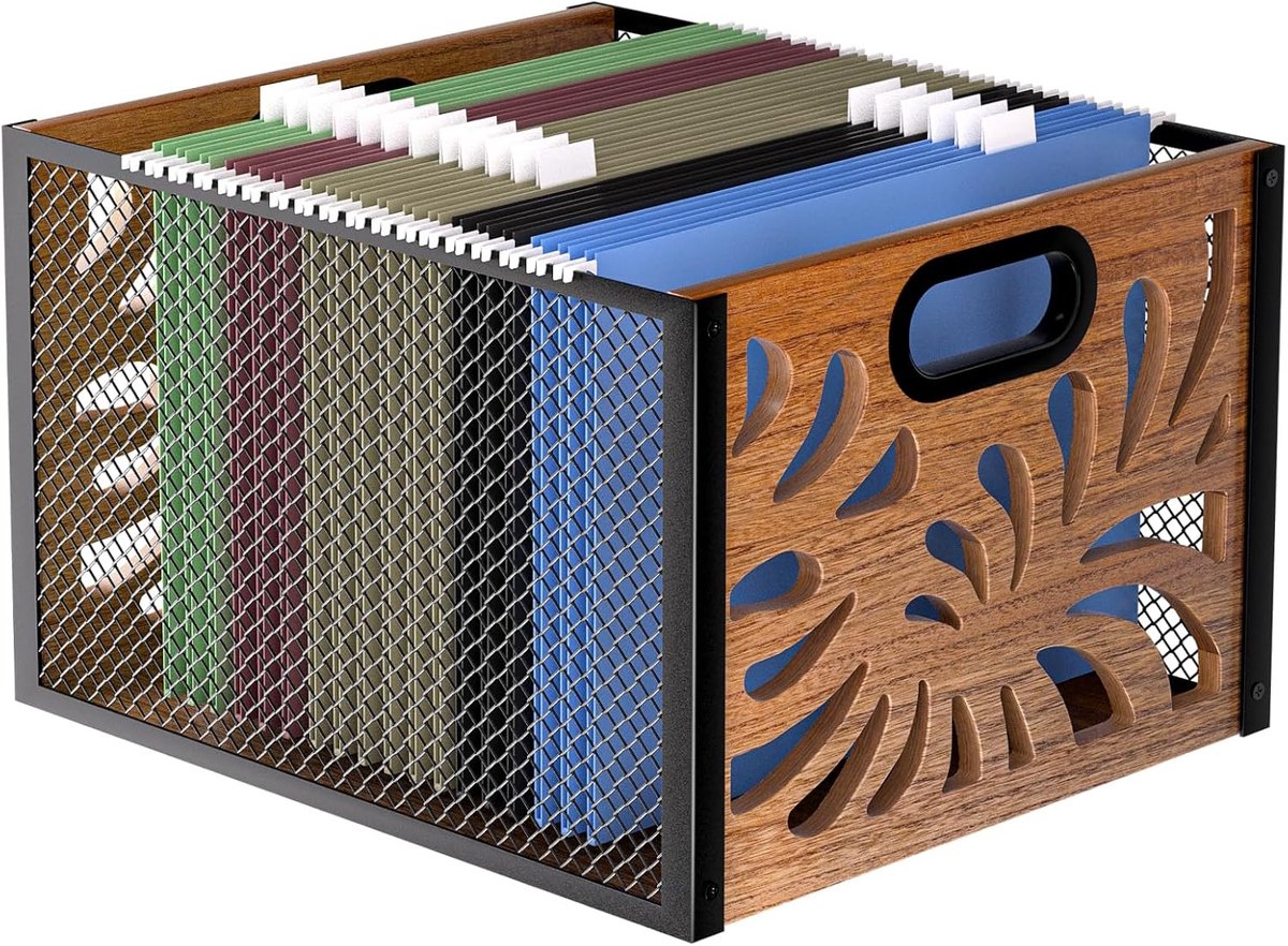 SnelShoppen - A4 Hangende Bestandenbox, Houten en Metalen Bestandsopslag, Hangende Map Organiser, Ideaal voor Thuis en Kantoor, 36x32x25 cm
