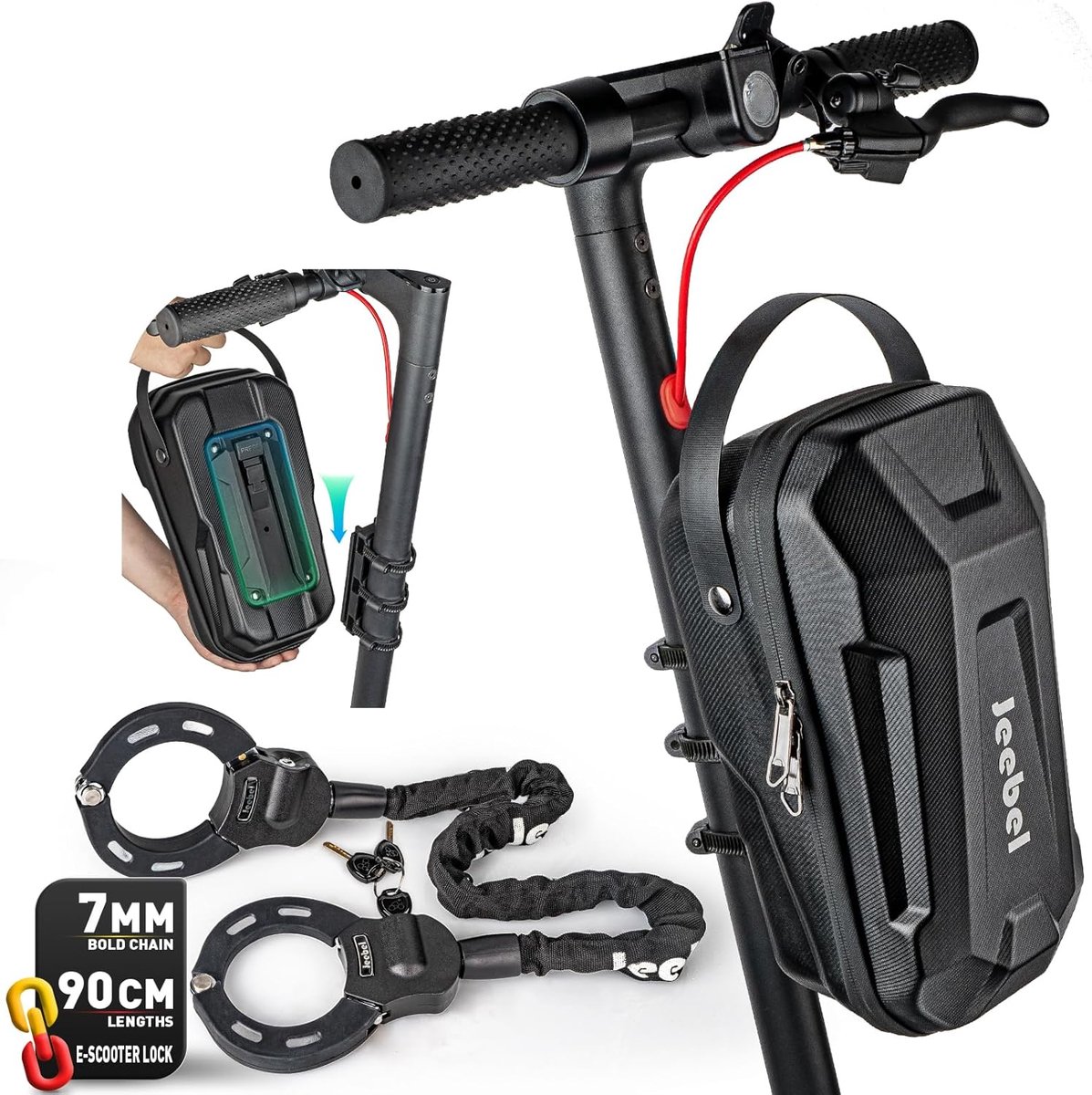 SnelShoppen - E-Scooter Handlebar Bag 3/4/5L met Snelle Bevestiging + Handcuff Lock met Sleutel, 90cm Ketting Ø7mm Dikke, Ruime Opbergtas voor Elektri
