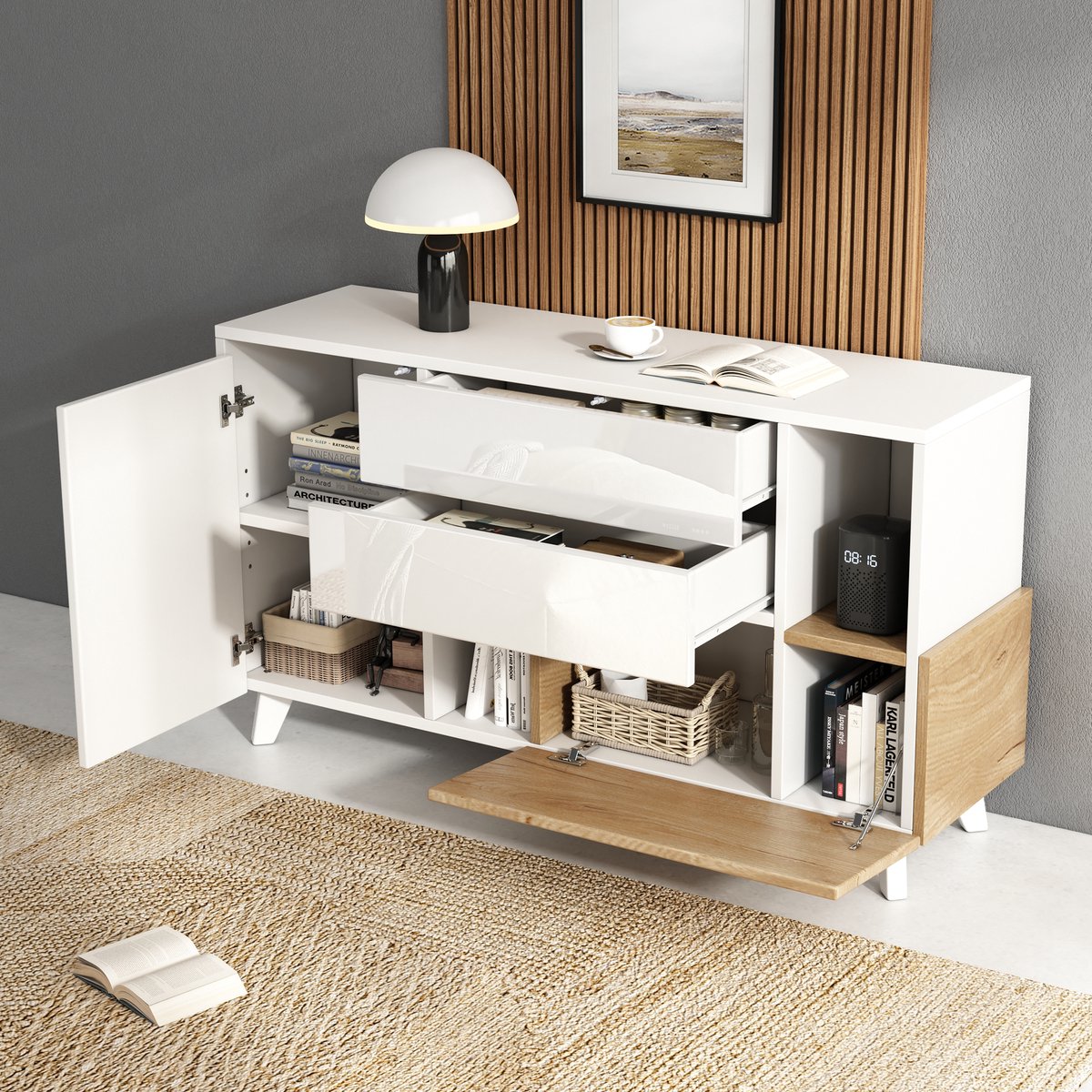 Wishdor - Dressoir - wit hoogglans met 2 lades, deuren en open vakken - Scandinavisch - voor woonkamer of eetkamer - houtlook bewerkt hout - wit licht eiken - 130 cm
