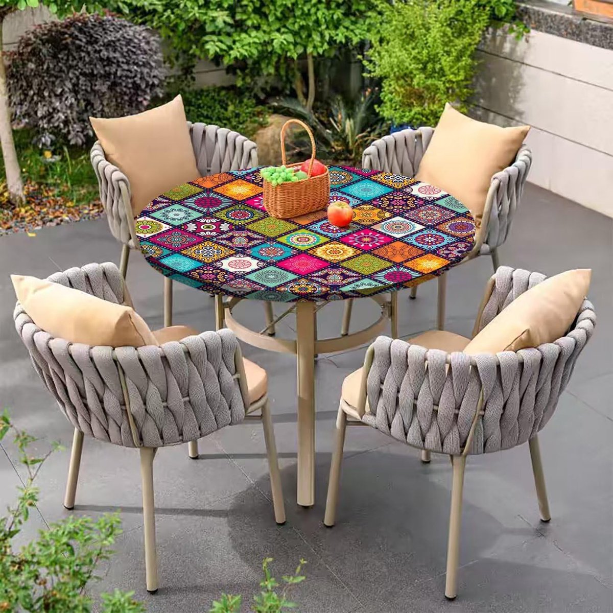 SnelShoppen - Boho Tafelkleed Rond 120 cm, Wasbaar, Elastisch Tuin Tafelkleed, Waterdicht, Buiten, Tuin, Balkon, Feest, Polyester, Stijl 3