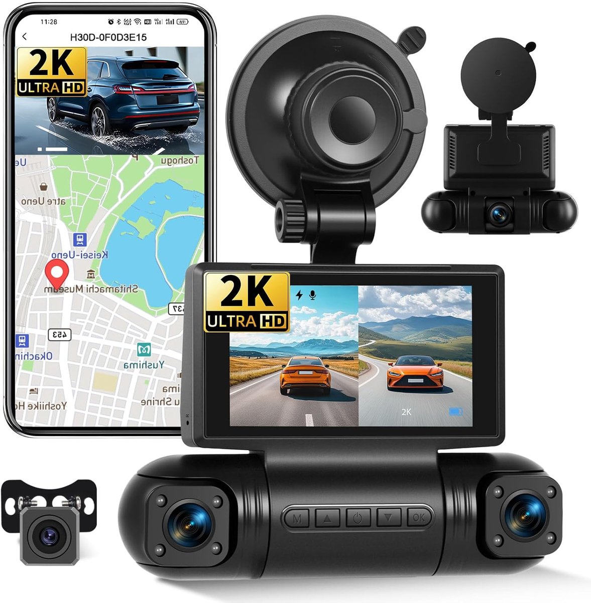SnelShoppen - 2K Dashcam Voor- en Achteruit met APP WiFi, 4 Kanalen 2K+3*1080P, 150° Hoek, Super Nachtzicht, Parkeerbewaking, G-sensor, Loopopname, AP