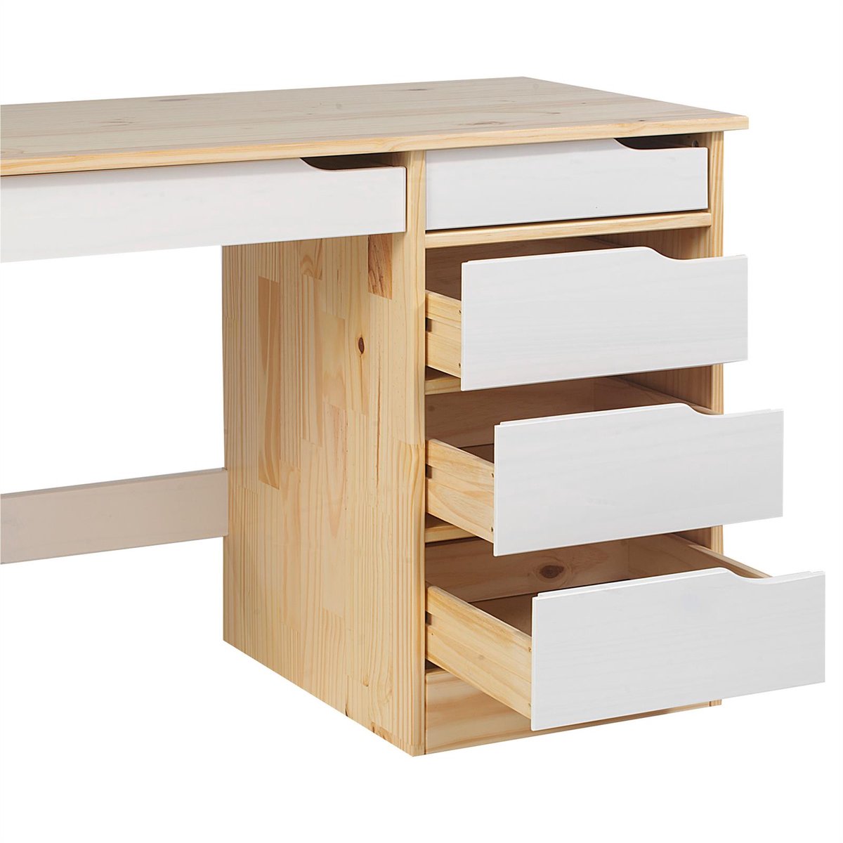 Bureau HUGO van massief grenenhout in naturel/wit met 5 lades