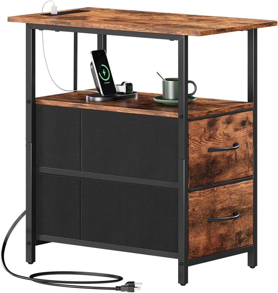 SnelShoppen - Bedside Table met Oplaadstation, Side Table met USB Poorten en Stekker, 2 Stoffen Lades, Houtlook, Compact 50x30x62 cm voor Slaapkamer e