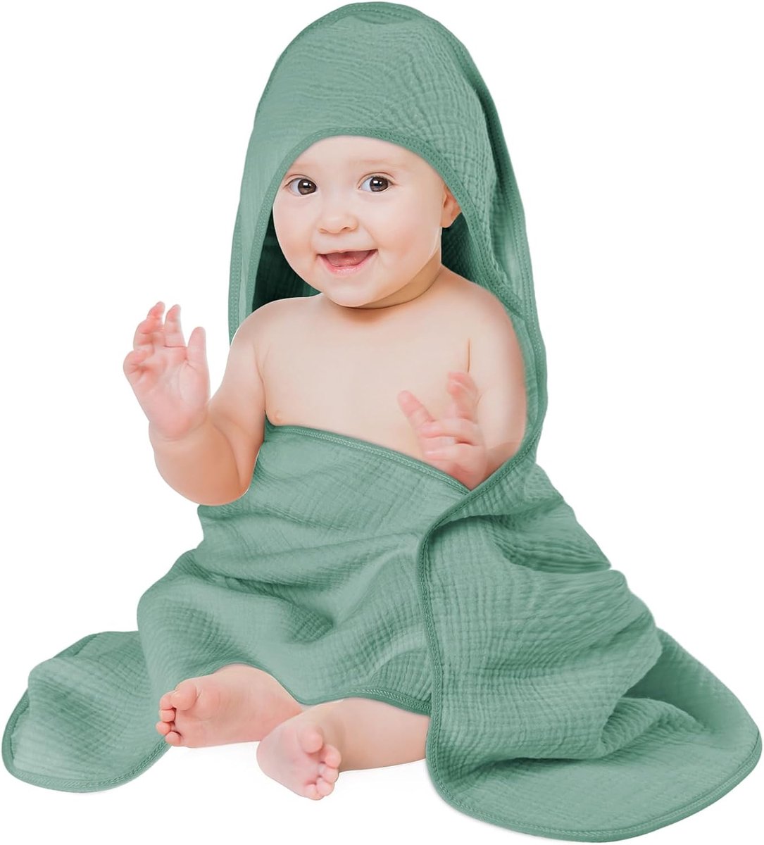 SnelShoppen - Baby Hooded Towel 80x80cm - 100% Muslin Katoen - Super Absorberend - Groene Baby Handdoek voor Bad en Douche - Ideaal voor Pasgeborenen