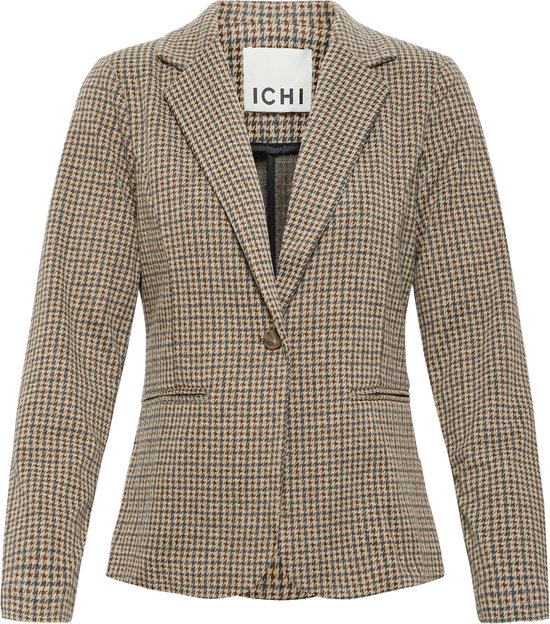 Bruin tweed jasje met pied-de-poule patroon, één knoop en ICHI logo.