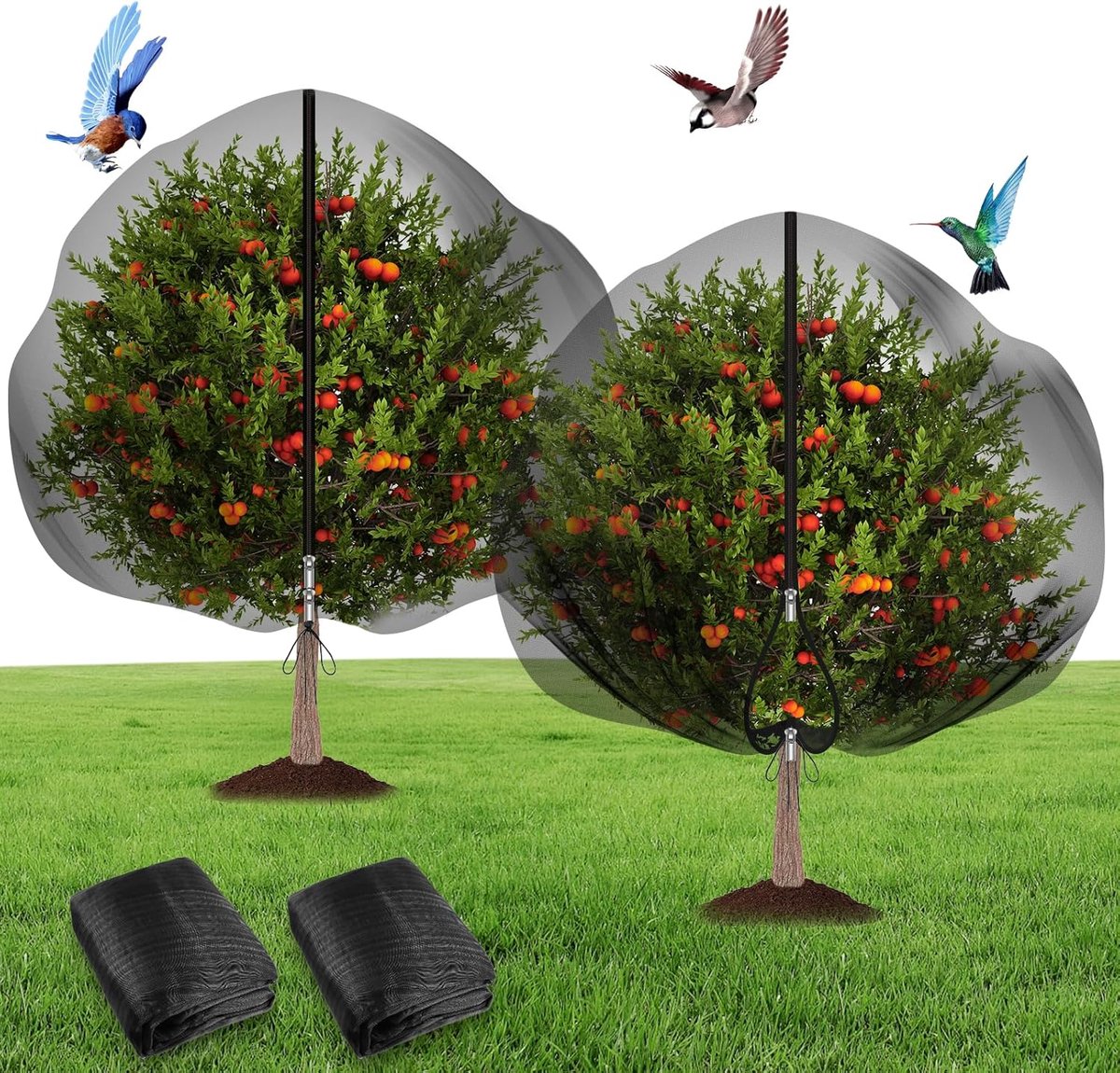 SnelShoppen - Plant Protection Net, Tuin Net, Beschermnet voor Planten, Fijn Gaas, 2 Stuks, Fruitboom Net met Trekkoord en Rits, 3 m x 3 m, Zwart
