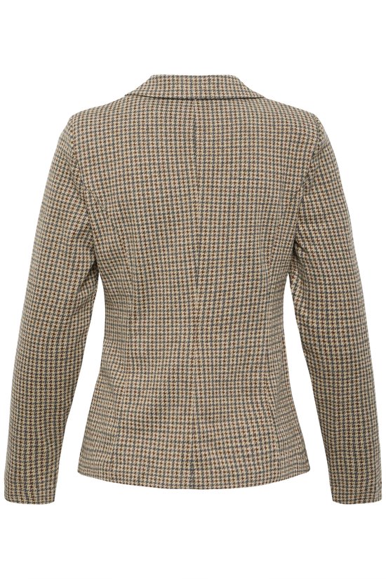 De achterkant van een beige ICHI damesblazer met een ruitpatroon in bruin en grijs.