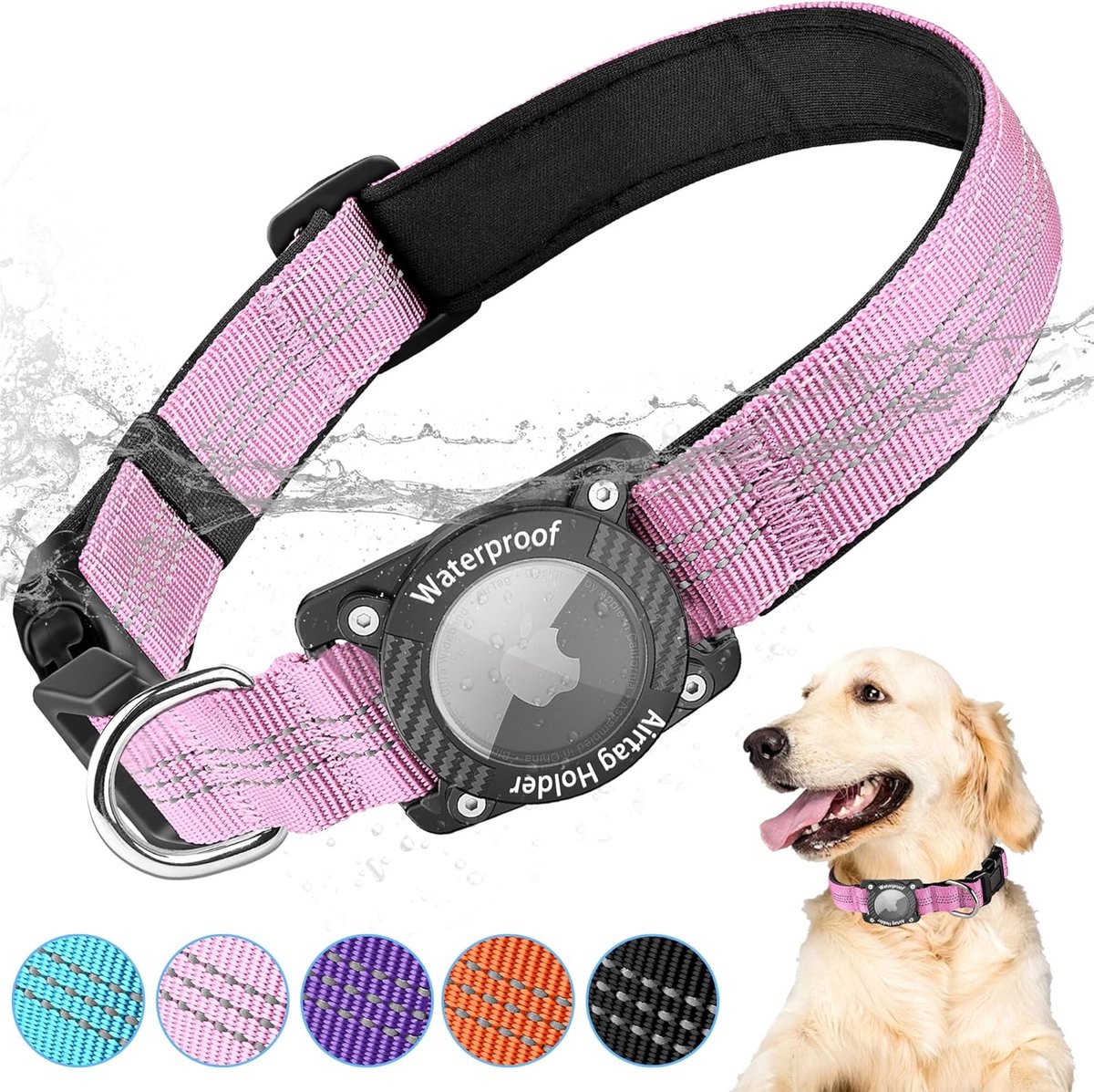 SnelShoppen - Airtag Hondenhalsband, Reflecterende Nylon Halsband voor Apple Airtag, Waterdichte GPS Tracker voor Kleine, Middelgrote en Grote Honden
