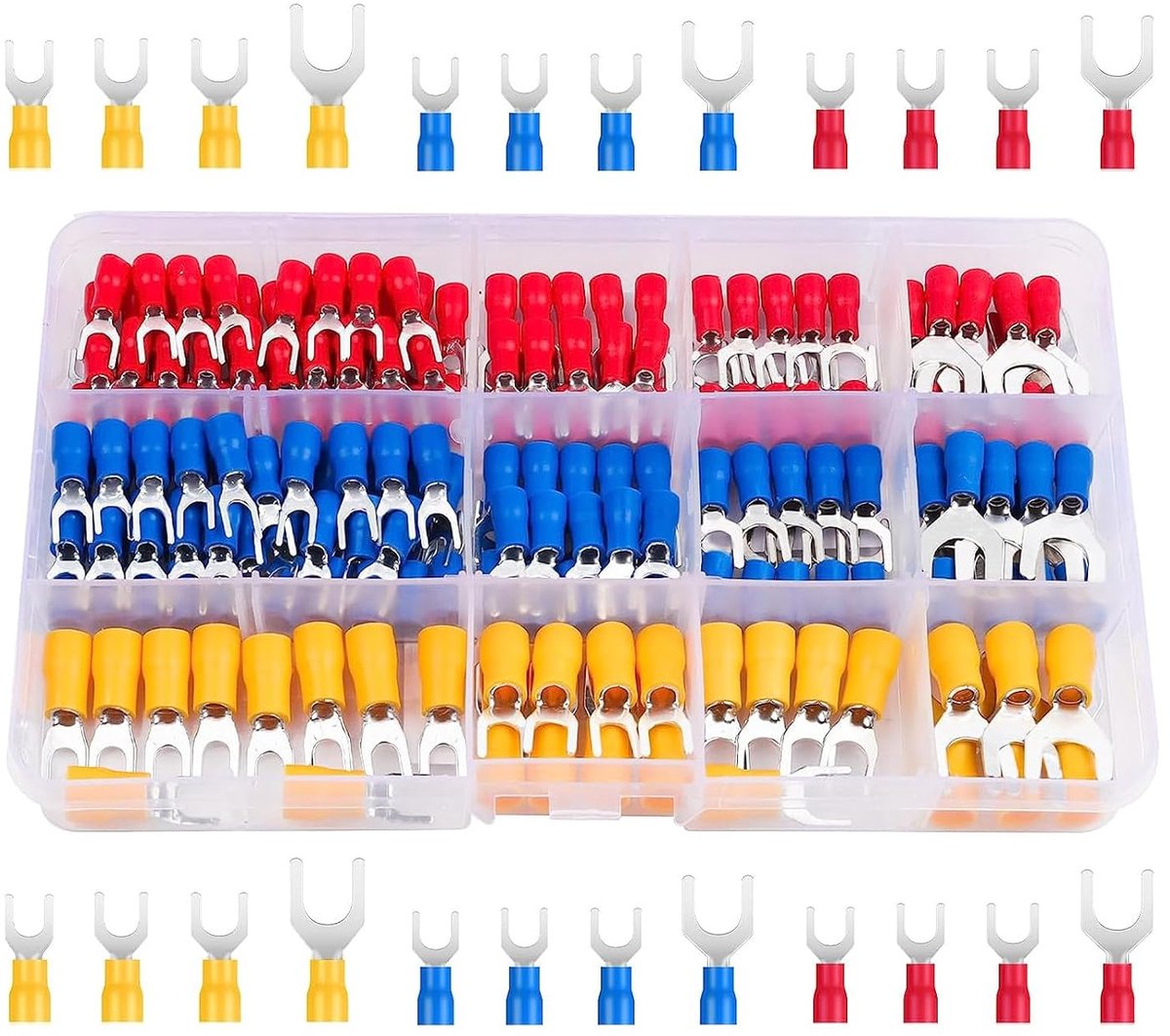 Thijox - 290 Stuks Fork Spade Kabelschoenenset, Knelverbinderset, Geïsoleerde Crimpverbinders, Elektrische Steekverbinderklemmen in Rood, Blauw en Gee