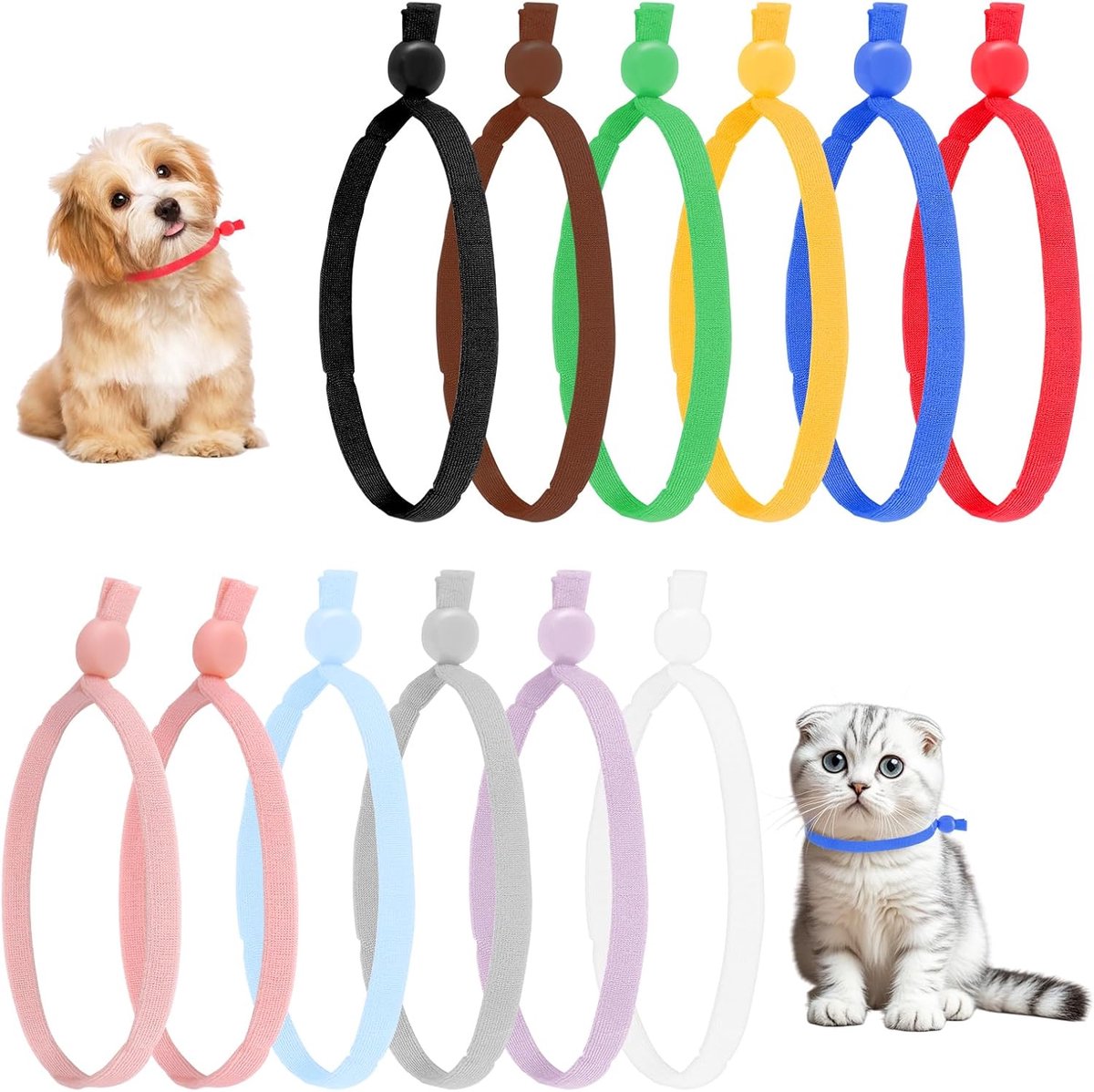 SnelShoppen - Set van 60 Elastische Puppyhalsbanden voor Kattenbakvulling - Verstelbare Puppynesthalsbanden in 12 Kleuren - Zachte Nylon en PVC ID-Koo