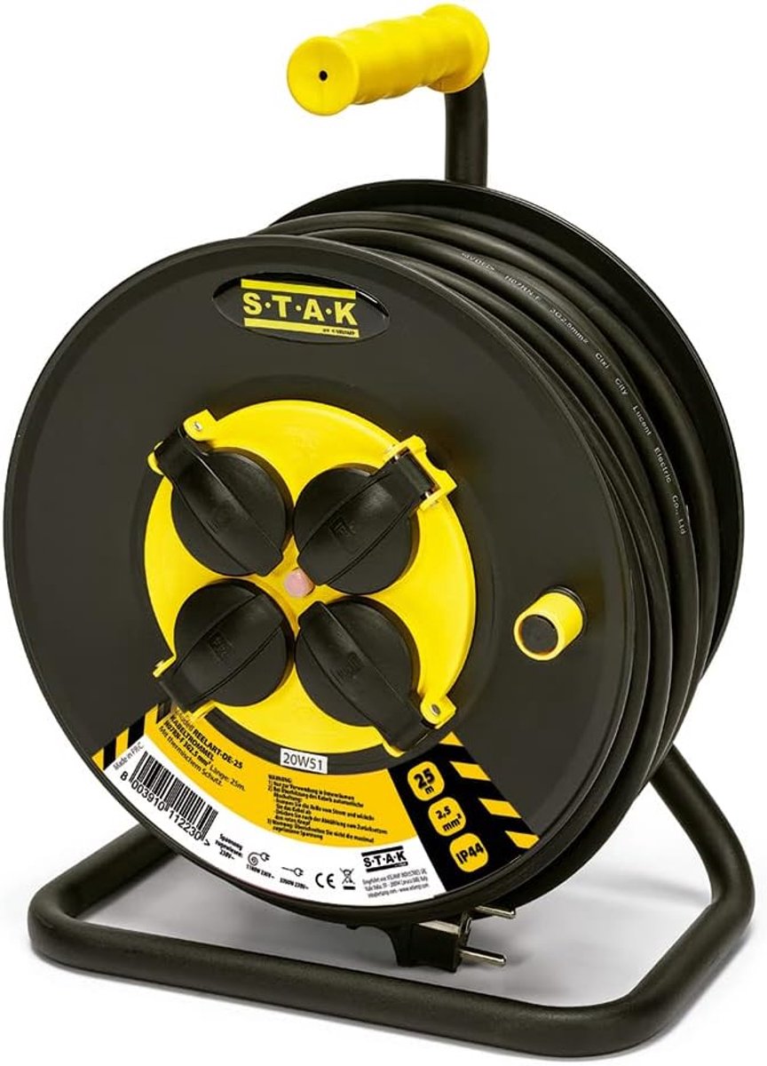 SnelShoppen - Professionele Elektrische Kabelhaspel 25M met 4 IP44 Stopcontacten, Schuko, H07RN-F 3G2.5MM2, Waterdicht en Ergonomisch voor Tuin, Bouwp
