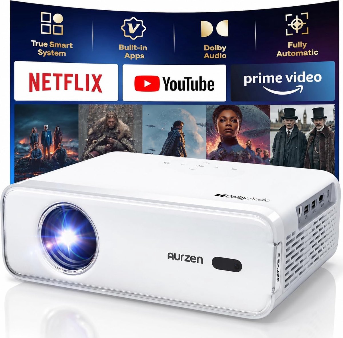SnelShoppen - Videoprojector 4K Mini Beamer, Full HD 1080p, Draagbaar, Auto Focus/Keystone, WiFi, Bluetooth, HDR10, Officieel Netflix, Perfect voor Fe