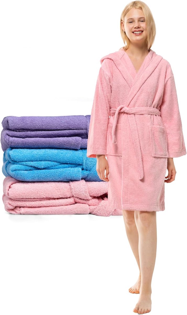 SnelShoppen - Twinzen Meisjesbadjas voor Tienerjongens met Capuchon - 100% OekoTex Katoen - 13-14 Jaar - Roze - Ultralichte Badstof - Absorberende en