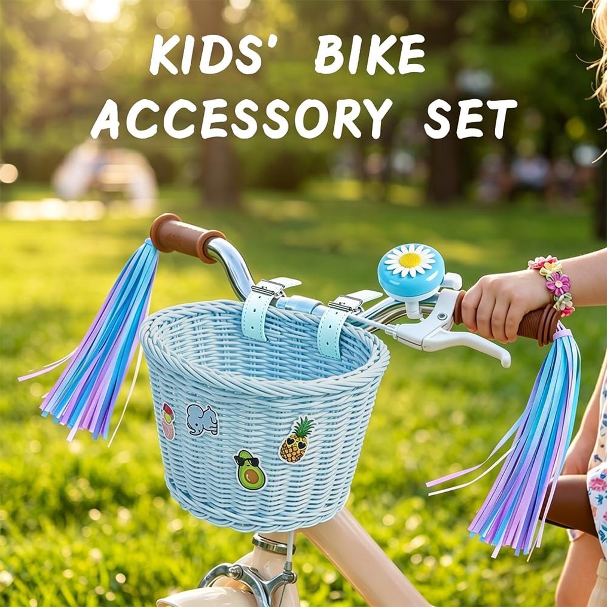 SnelShoppen - Fietsmand voor Kinderen en Meisjes, Afneembaar Gevlochten Rotan, Leren Riemen, Inclusief Fietsbel en Stickers - Perfect voor Avonturen o