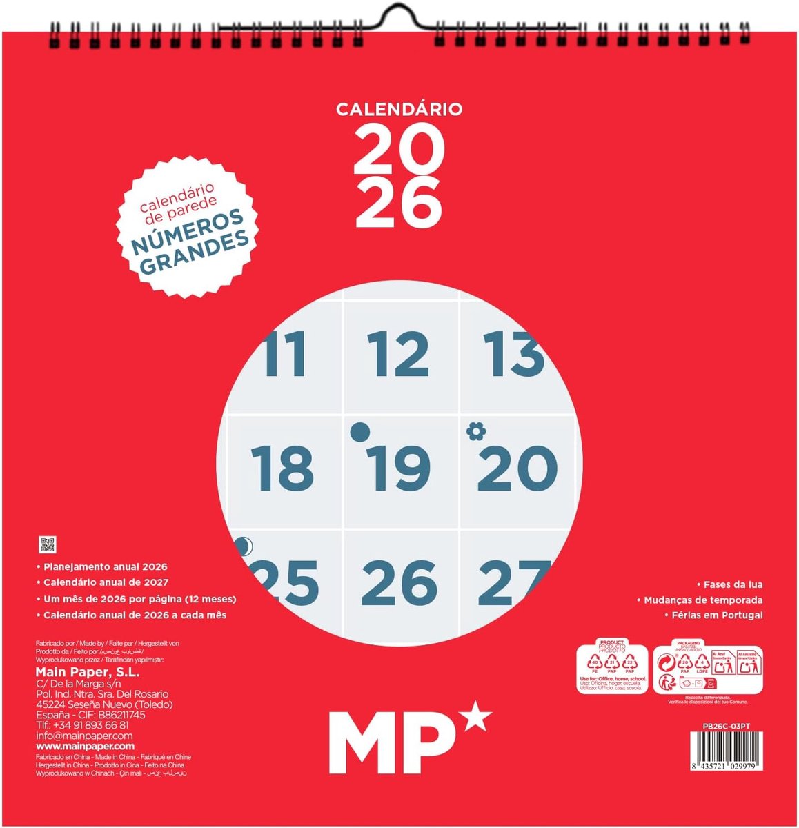 SnelShoppen - MP Wandkalender 2026, Maandoverzicht met Grote Cijfers, Jaarplanner 30x30 cm, Neutrale Maandplanner met Portugese Feestdagen, Perfect vo