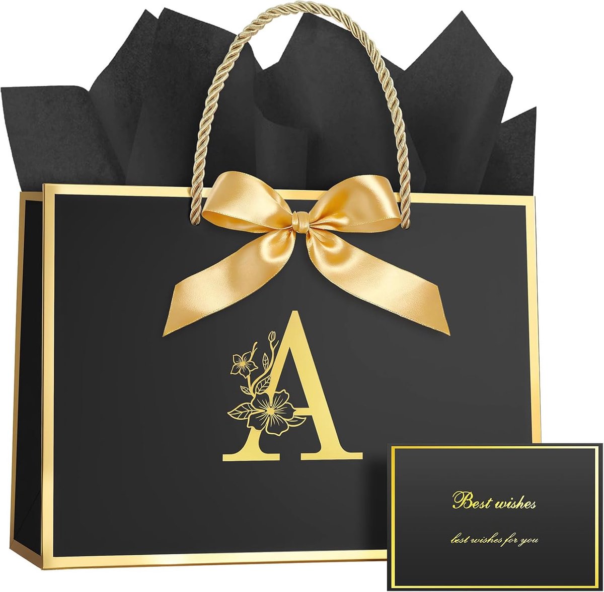 SnelShoppen - Verjaardagscadeautas Zwart - Papieren Cadeautas met Strik, Wenskaart en Vloeipapier - 28x20x10 cm - Perfect voor Mannen en Vrouwen - Cad
