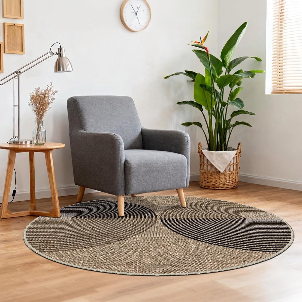 SnelShoppen - Rond Vloerkleed 120x120 cm - Jute Look - Wasbaar Antislip Tapijt voor Woonkamer, Slaapkamer, Keuken - Natuurlijk Zwart-Bruin