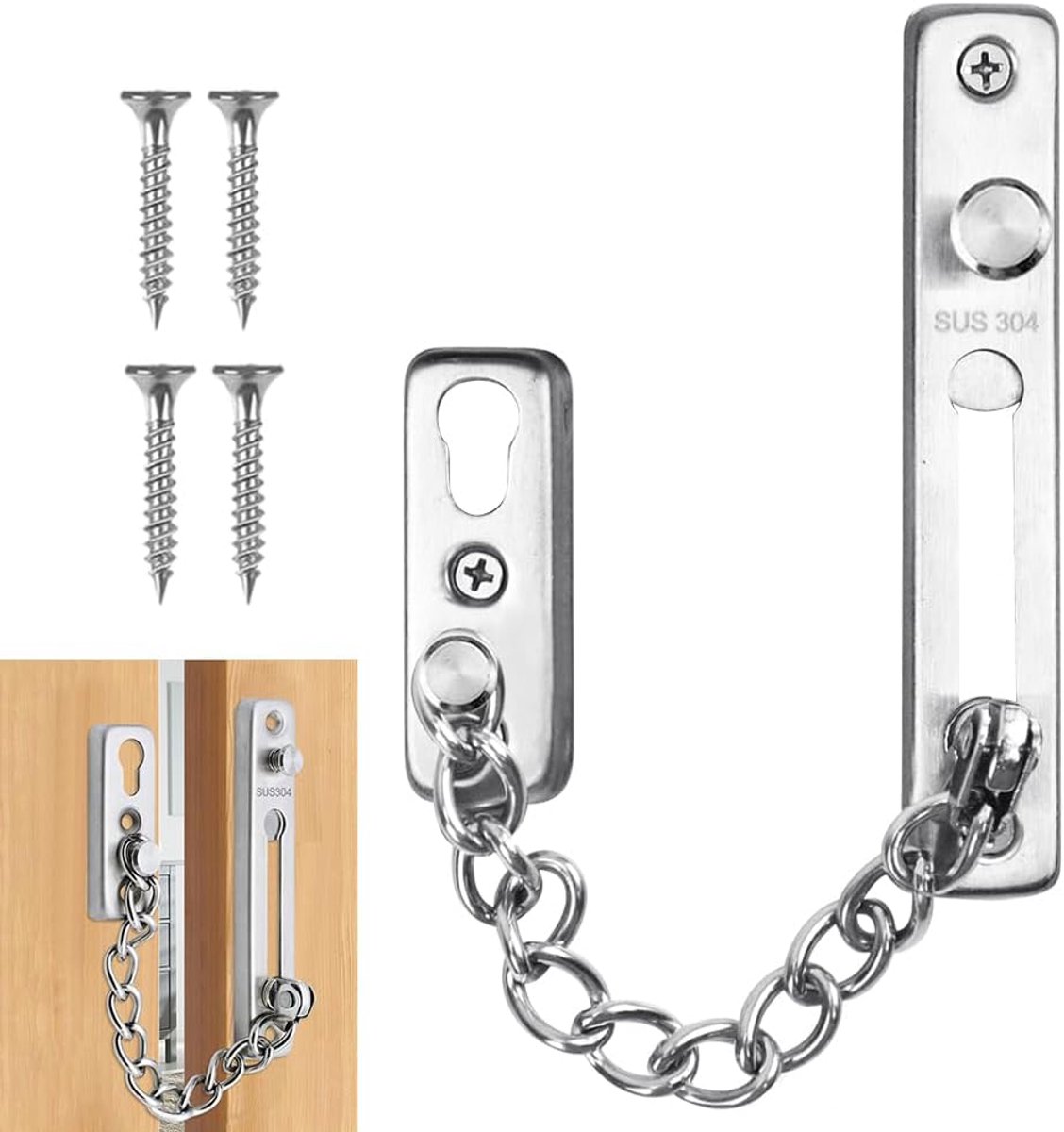 SnelShoppen - Deurketting Veiligheidsslot voor Huisdeur - Deurslot met Deurgrendel en Inbraakbeveiliging - Roestvrij Staal 304, Zilver, 163 mm Lengte