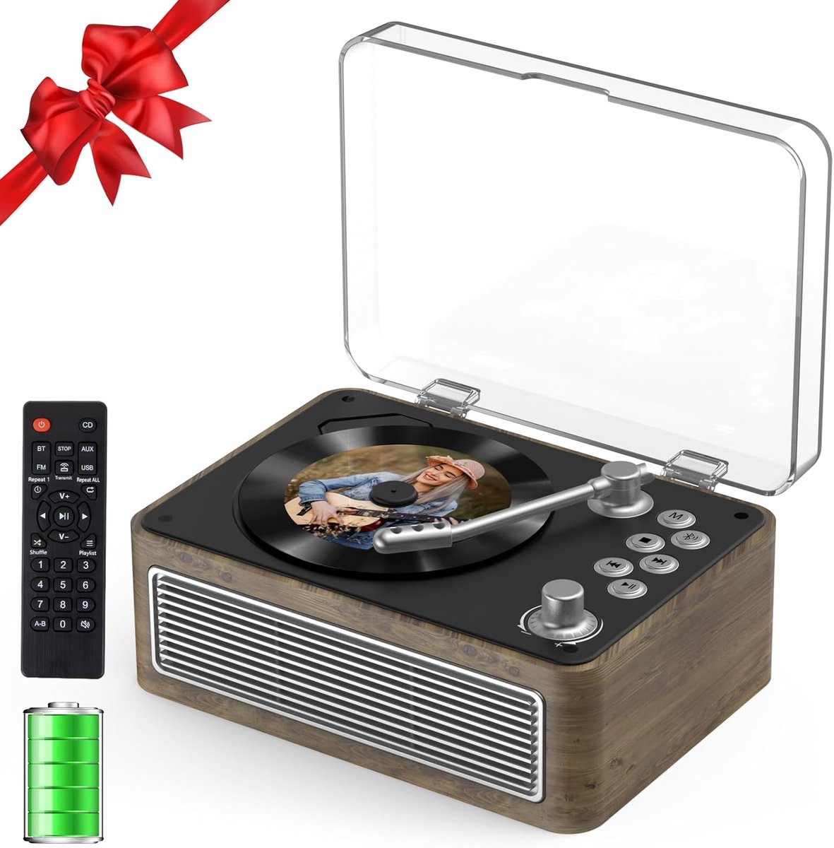 SnelShoppen - Draagbare Bluetooth CD-speler met luidsprekers, 3600 mAh oplaadbare retro eikenhout CD-speler, FM-radio, afstandsbediening, USB AUX weer