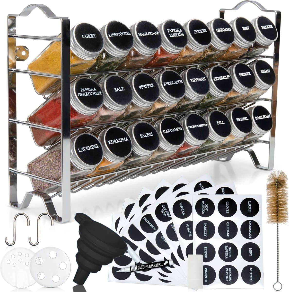 SnelShoppen - 3-Laags Kruidenrek Met 24 Kruidenpotjes, Metalen Keuken Organizer, Chroom, Inclusief Etiketten, Trechter, Borstel & Haken, Vrijstaand of