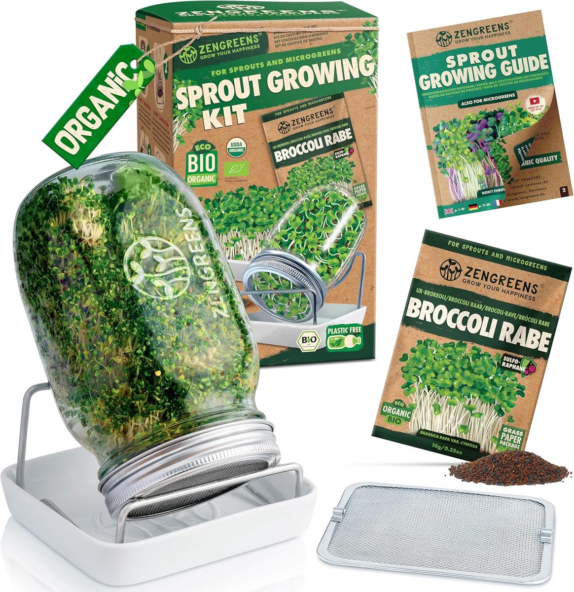 SnelShoppen - Organic Sprouting Vegetable Growing Kit - Spruitglas Set van 1, 2 of 3 - Inclusief Spruitglas, Cultuurbak en Zaden - 50-pagina's Gids en