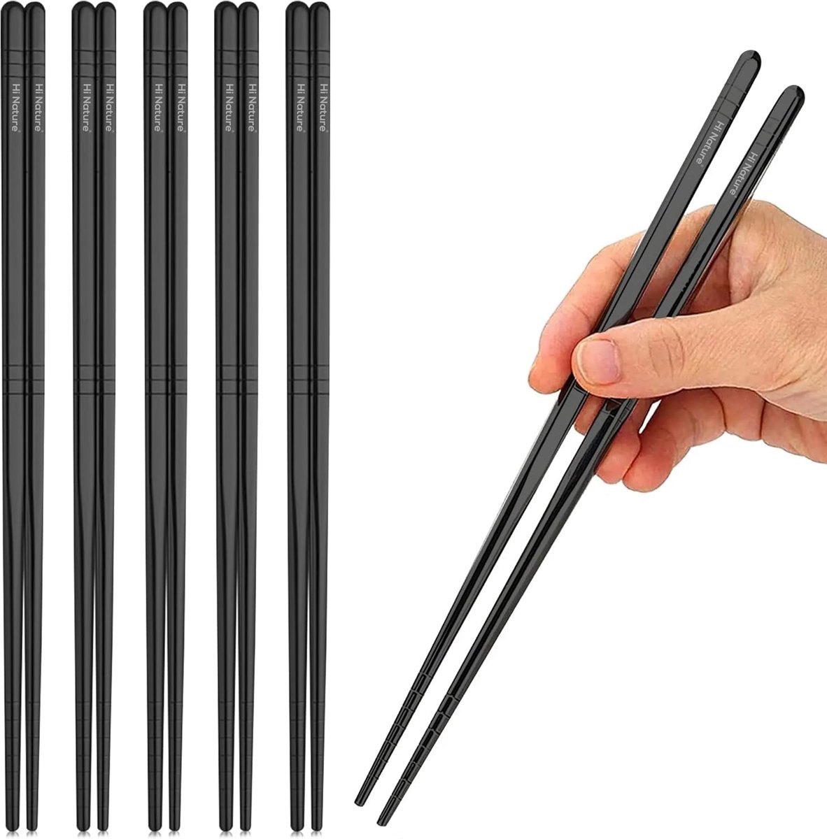 SnelShoppen - Luxury Chopsticks Set - Herbruikbare Koreaanse Chopsticks - 5 Paar - Rvs/roestvrij staal - Zwart - Antislip - Afwasmachinebestendig - Pe