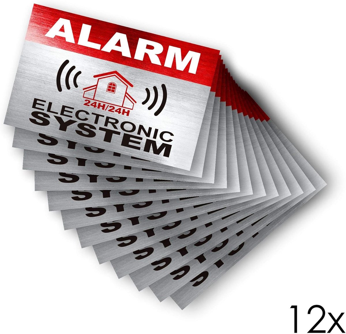SnelShoppen - 12 x Waarschuwingsstickers Alarm - Elektronisch Systeem - Weerbestendig en UV-bestendig - Voor Binnen en Buiten - 8.5 x 5.5 cm