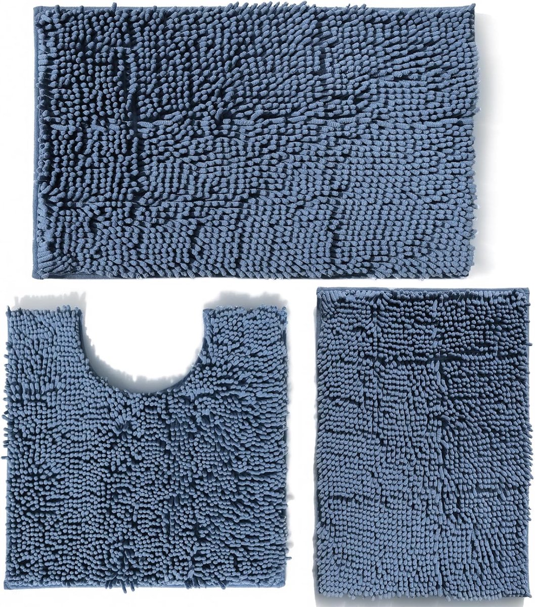 SnelShoppen - RUN HELIX Badmat Set - Antislip Badmatten, Shaggy Badmatten voor Badkamer, Absorberend Wasbaar Set met U-Vormige Voetmat (Rookblauw)