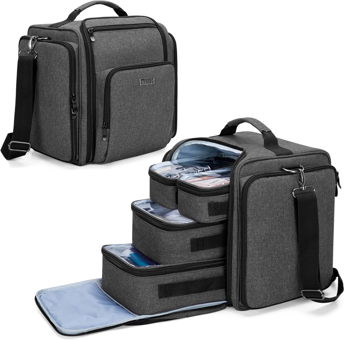SnelShoppen - Makeup Bag met 4 Verwijderbare Binnenzakken, Multifunctionele Reistas voor Make-up, Zwart, 25.5cm x 21cm x 29cm, Duurzaam Nylon, Perfect