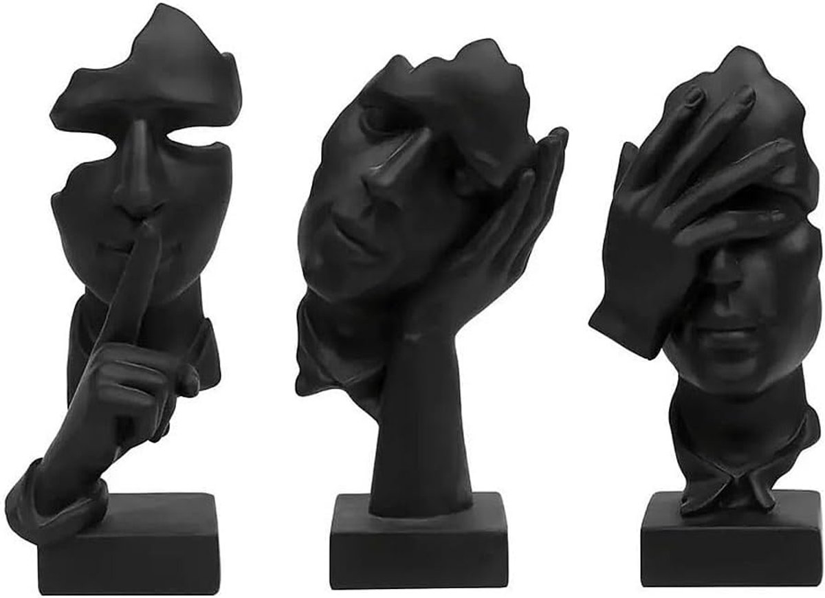 SnelShoppen - 3 Delige Denkbeeldige Standbeeld Set, Abstracte Kunst Beeldjes, Moderne Hars Sculpturen voor Thuis, Kantoor, Boekenplank, Bureau - Zwart