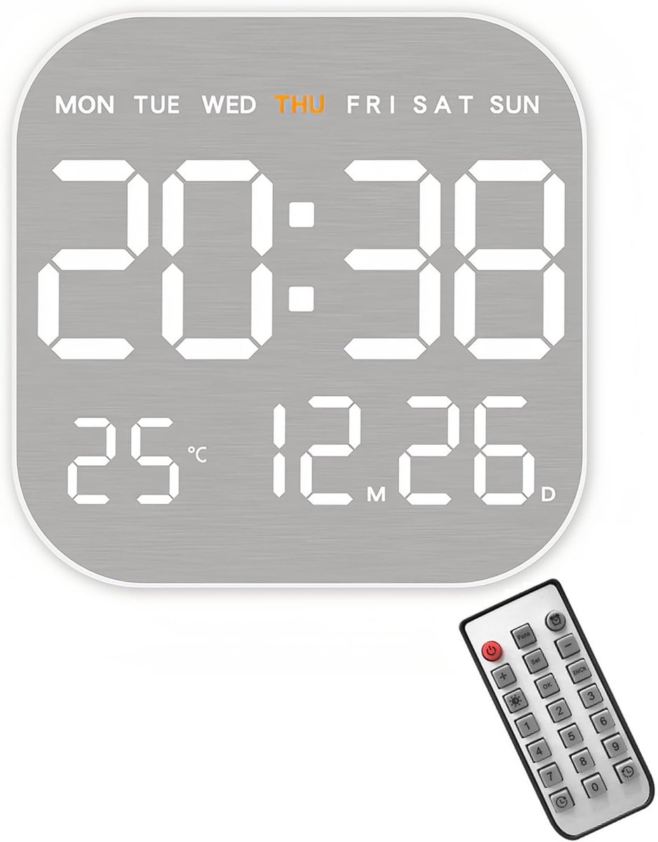 SnelShoppen - Elektronische Wandklok met Geborsteld Metaal, Vierkante Countdown Functie, Afstandsbediening, 10 Niveaus van Helderheid, Temperatuur, Da