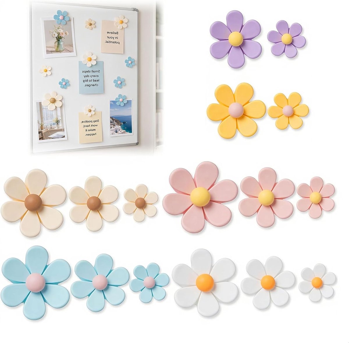 SnelShoppen - 16 Stuks 3D Bloemenmagneten voor Koelkast - Sterke Decoratieve Magneten in 6 Kleuren en 3 Maten - Ideaal voor Keuken, Whiteboard en Kant