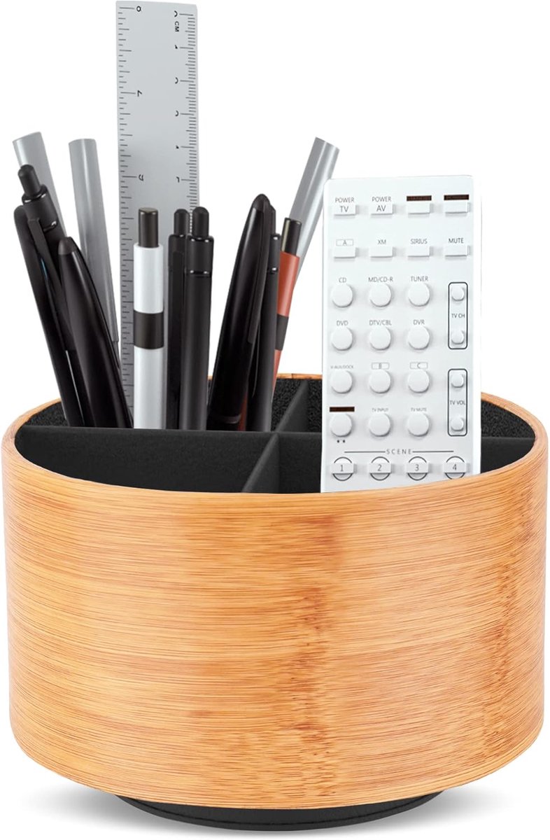 SnelShoppen - Round Pen Holder Beige - Leer, 360° Draaiend, Multifunctionele Organizer voor Pennen, Remote Control Houder, Bureau Organizer, Desk Stor