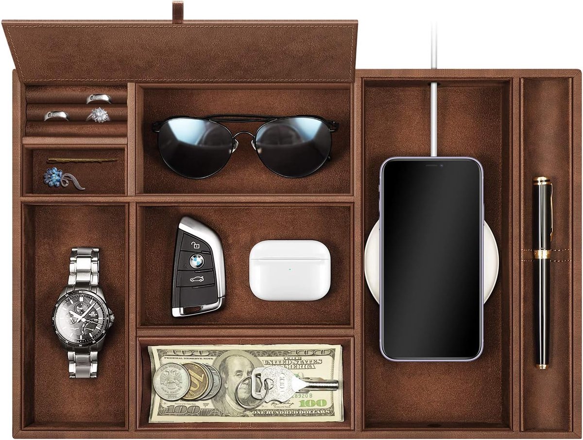 SnelShoppen - Valet Tray Desk Organizer met 8 Compartimenten - PU Leer Bruin voor Sleutels, Munten, Sieraden - Perfect voor Bedside, Bureau en Vanity