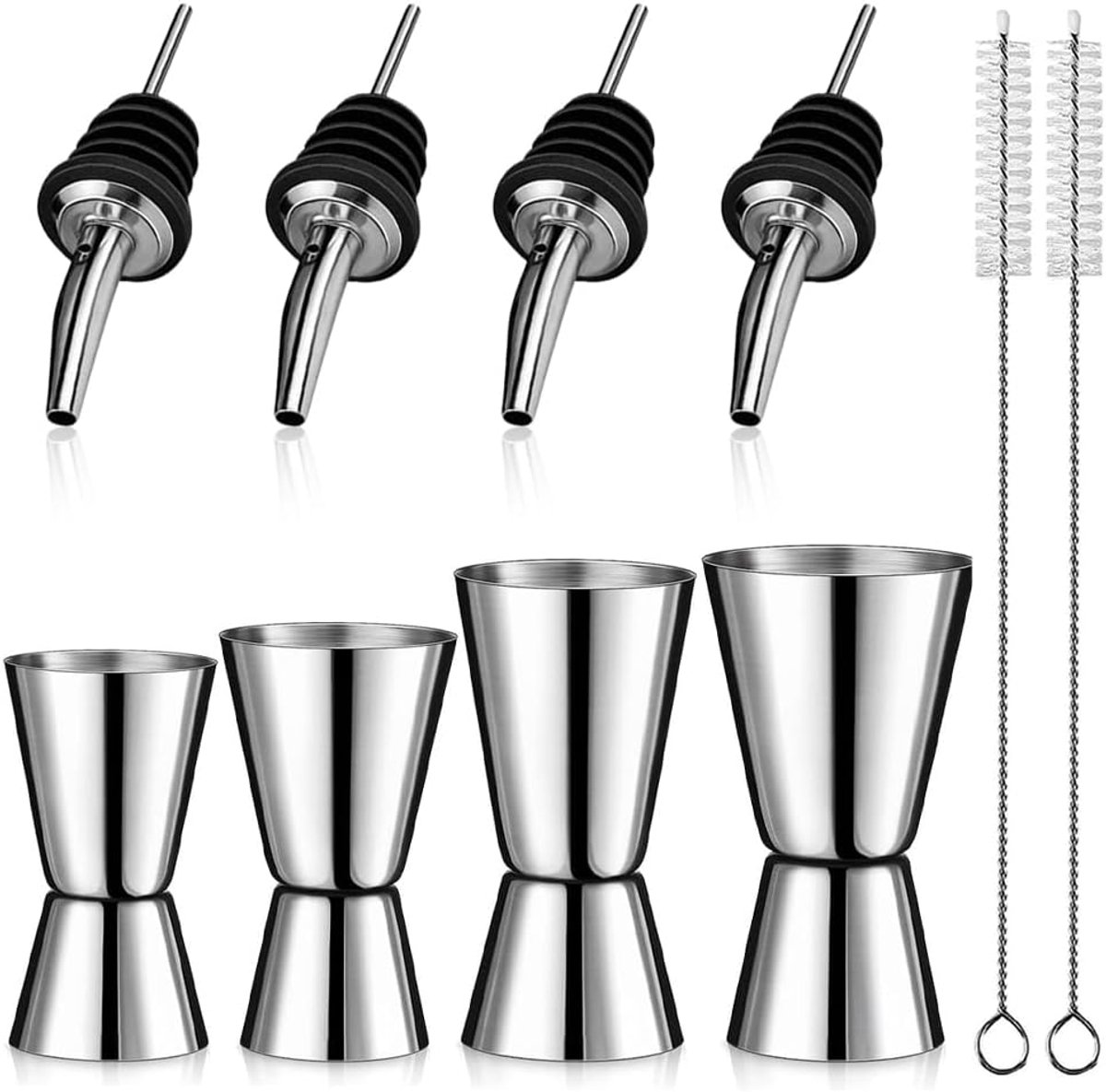 SnelShoppen - RVS Cocktail Maatbeker Set 4 Stuks, 3cl/4cl/5cl/6cl, Dubbele Maatverdeling, Inclusief 4 Giettuiten en 2 Borstels voor Bar, Feest en Wijn